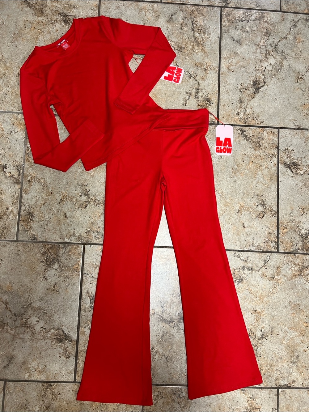 a:glow Red Women's Flared Pants & Long-Sleeve Top Set